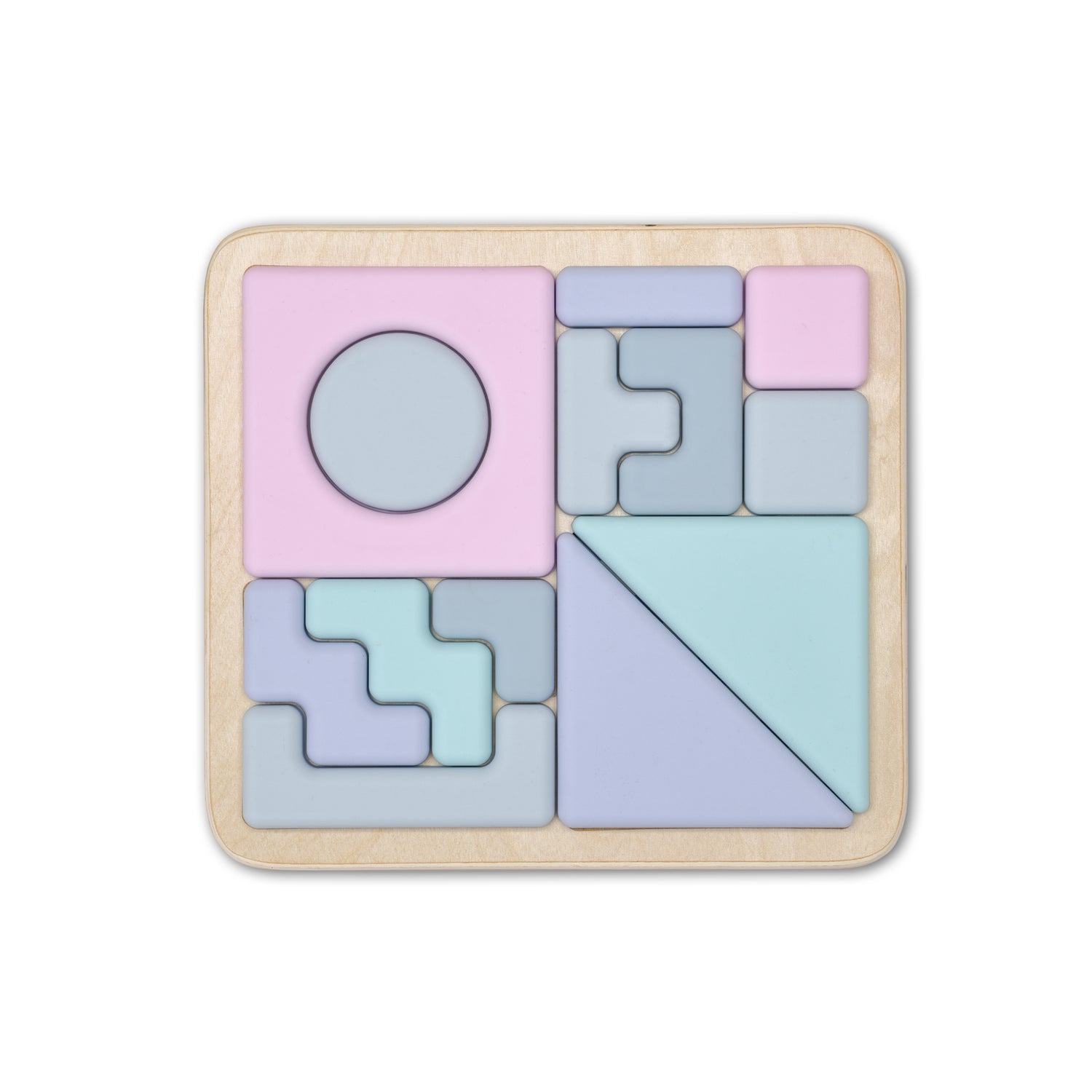 Wooden puzzle with pastel-colored geometric shapes on a white background