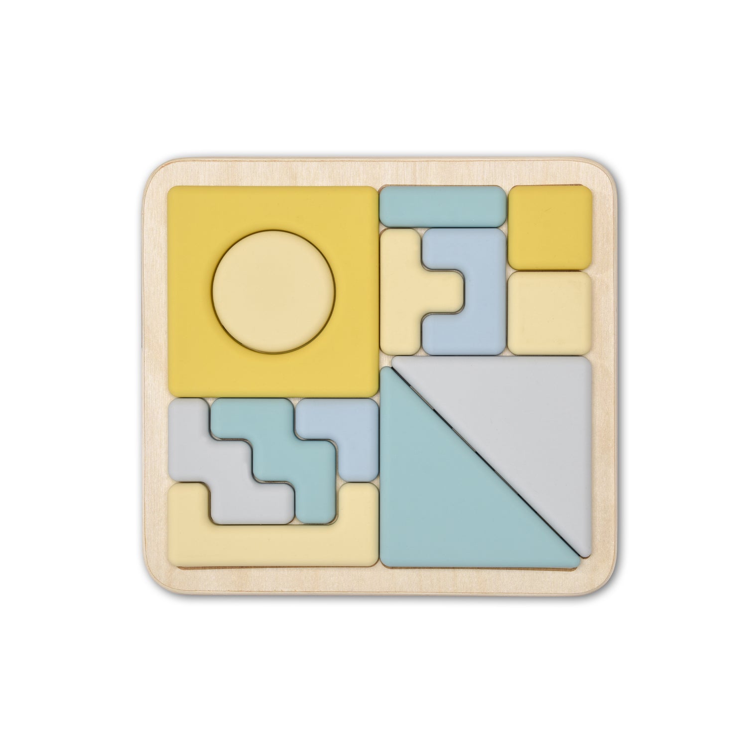 Wooden puzzle with colorful geometric shapes on a white background