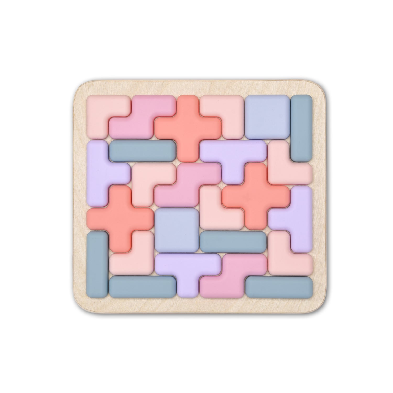 Colorful wooden puzzle on a beige base with pastel shades