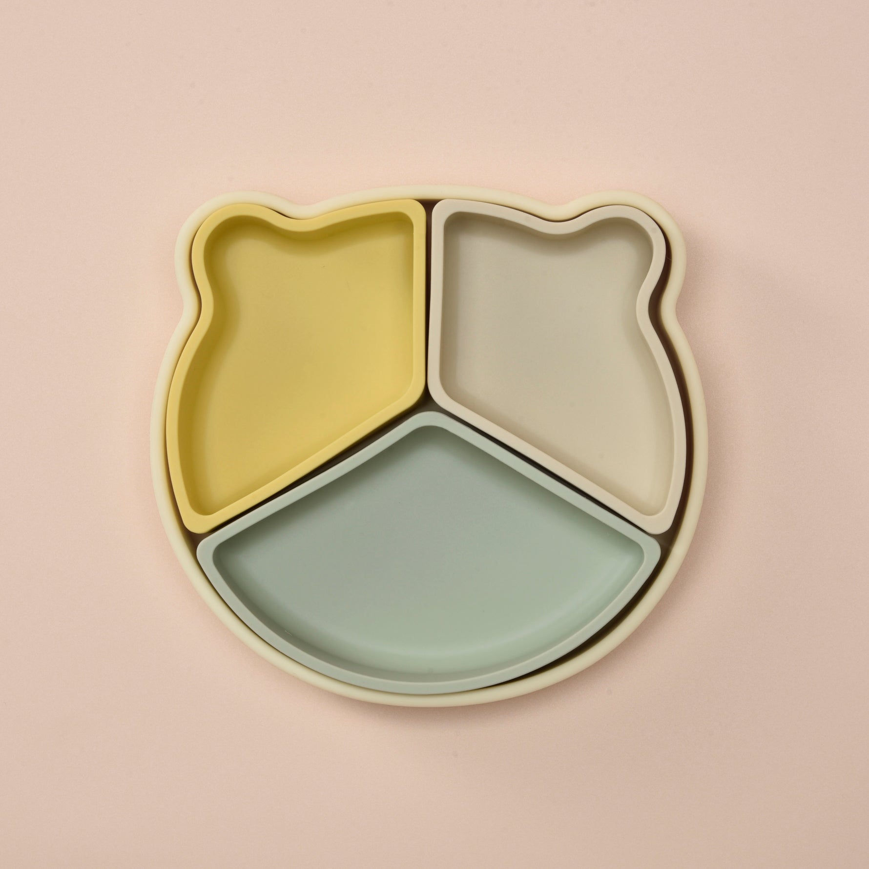 Three-section plate with yellow, gray, and green sections on a beige background #antiquewhite-sage