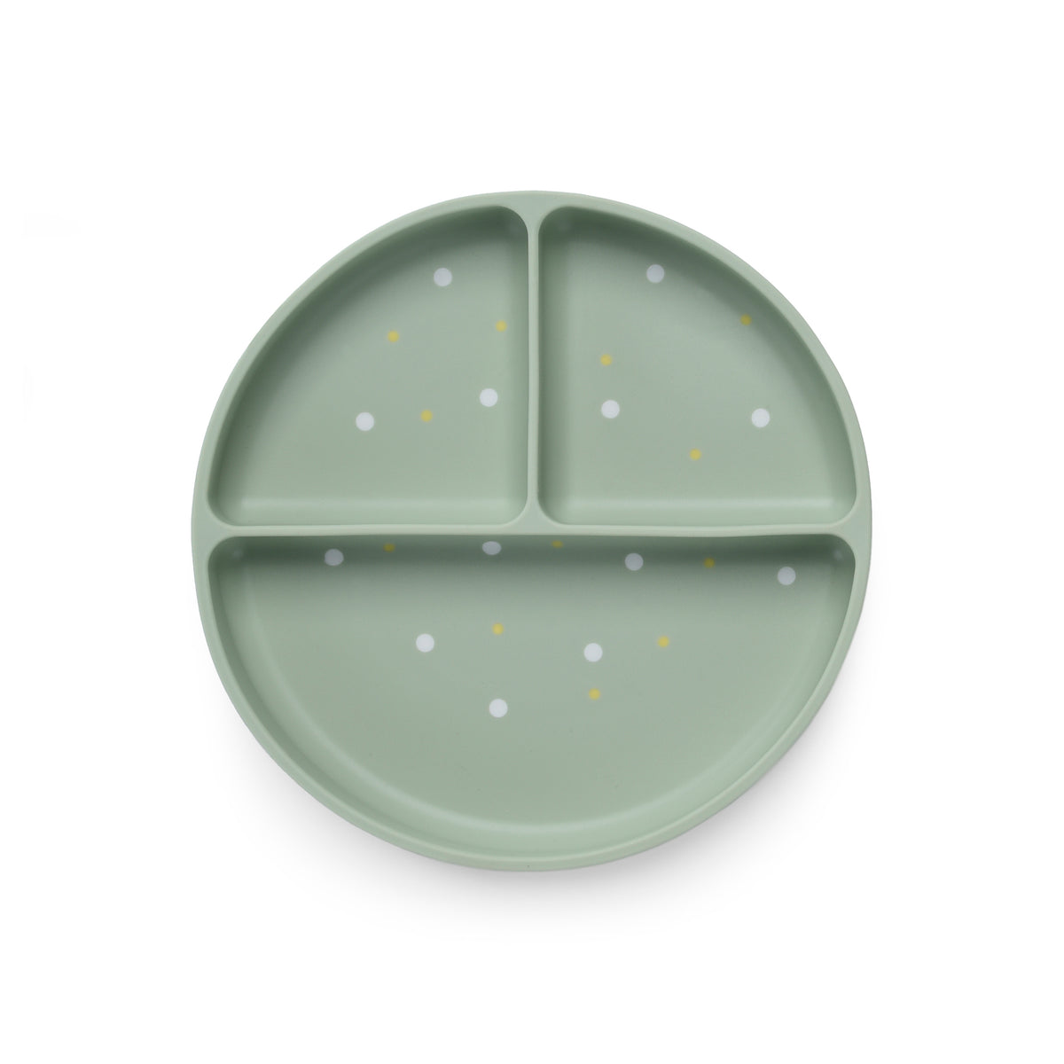 A green silicone divider plate with suction base and white polka dots.