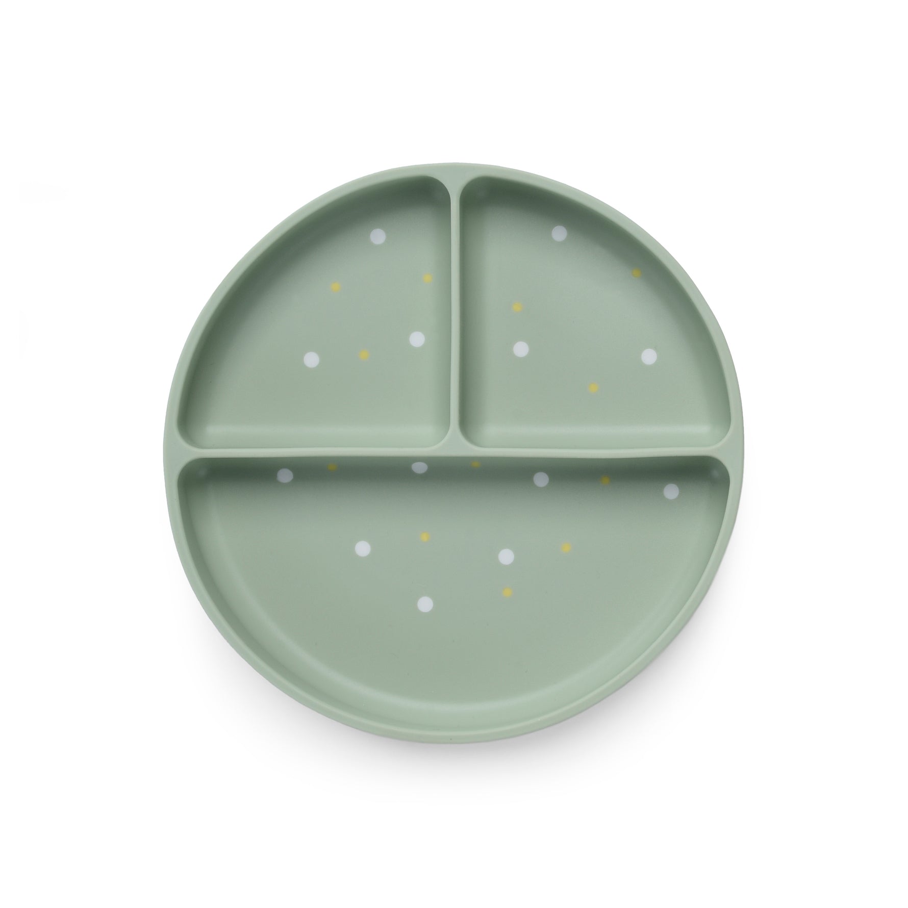 A green silicone divider plate with suction base and white polka dots. #sage