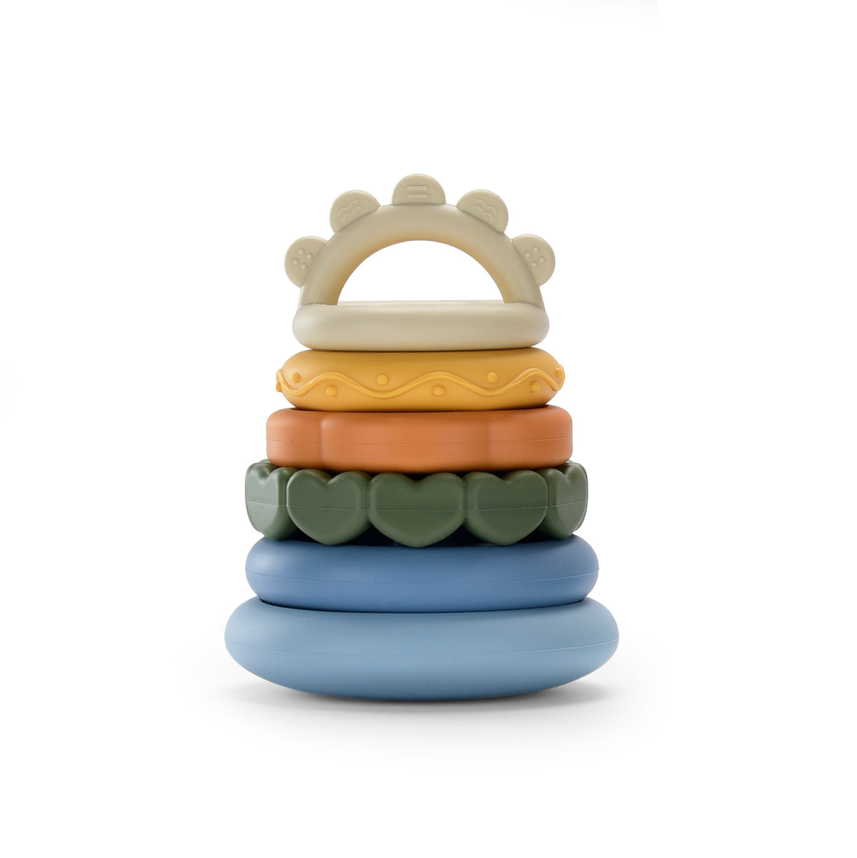 A multicolored silicone stacking teething ring toy consisting of several circular rings in pastel colors stacked on top of each other.