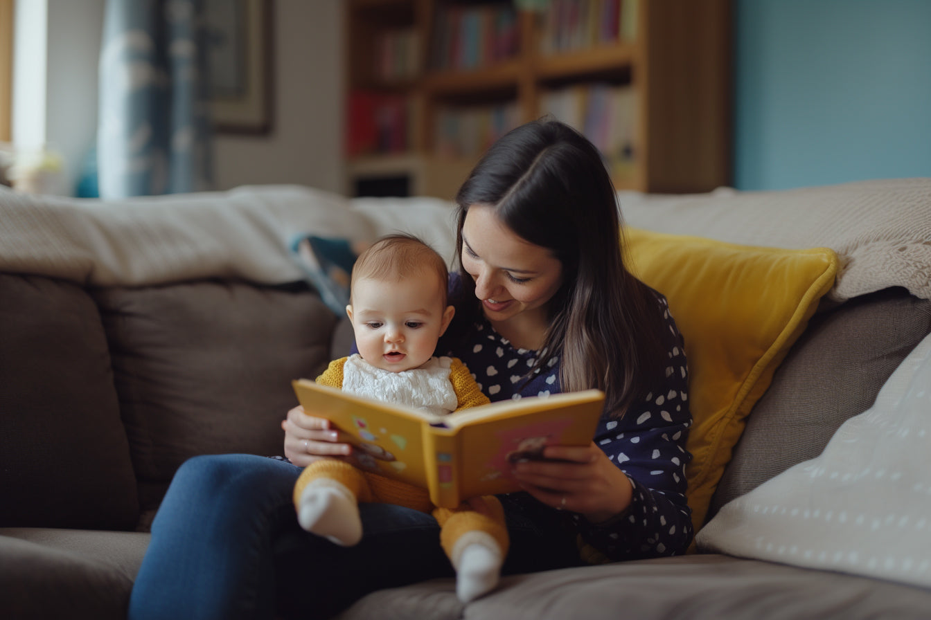 a baby and a mom reading a book together
