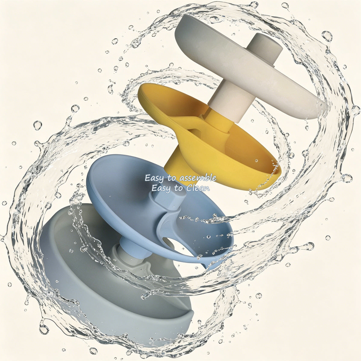 Three interlocking plastic pieces with water splashes on a light background