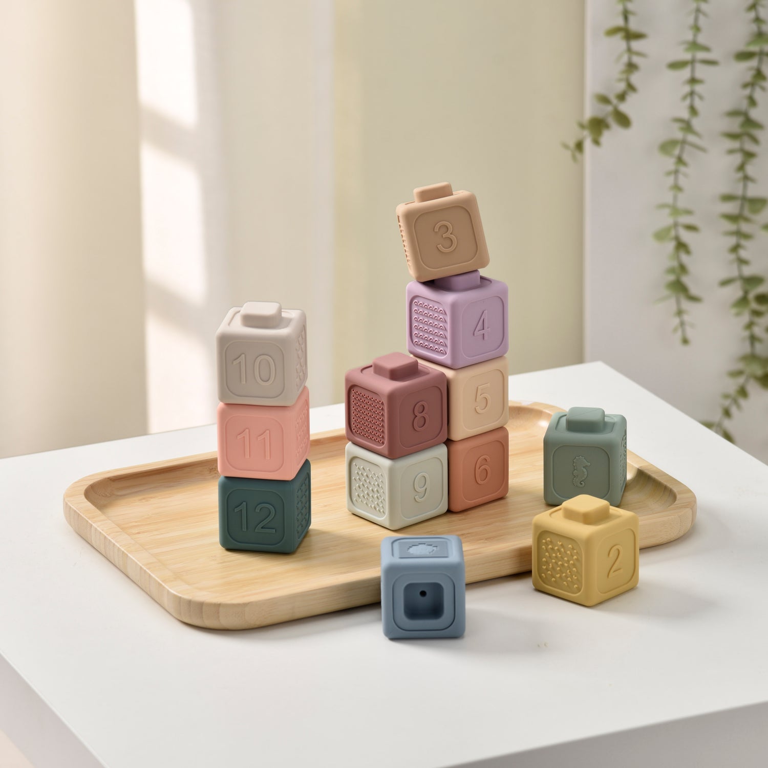 Colorful stacking blocks on a wooden tray with a neutral background