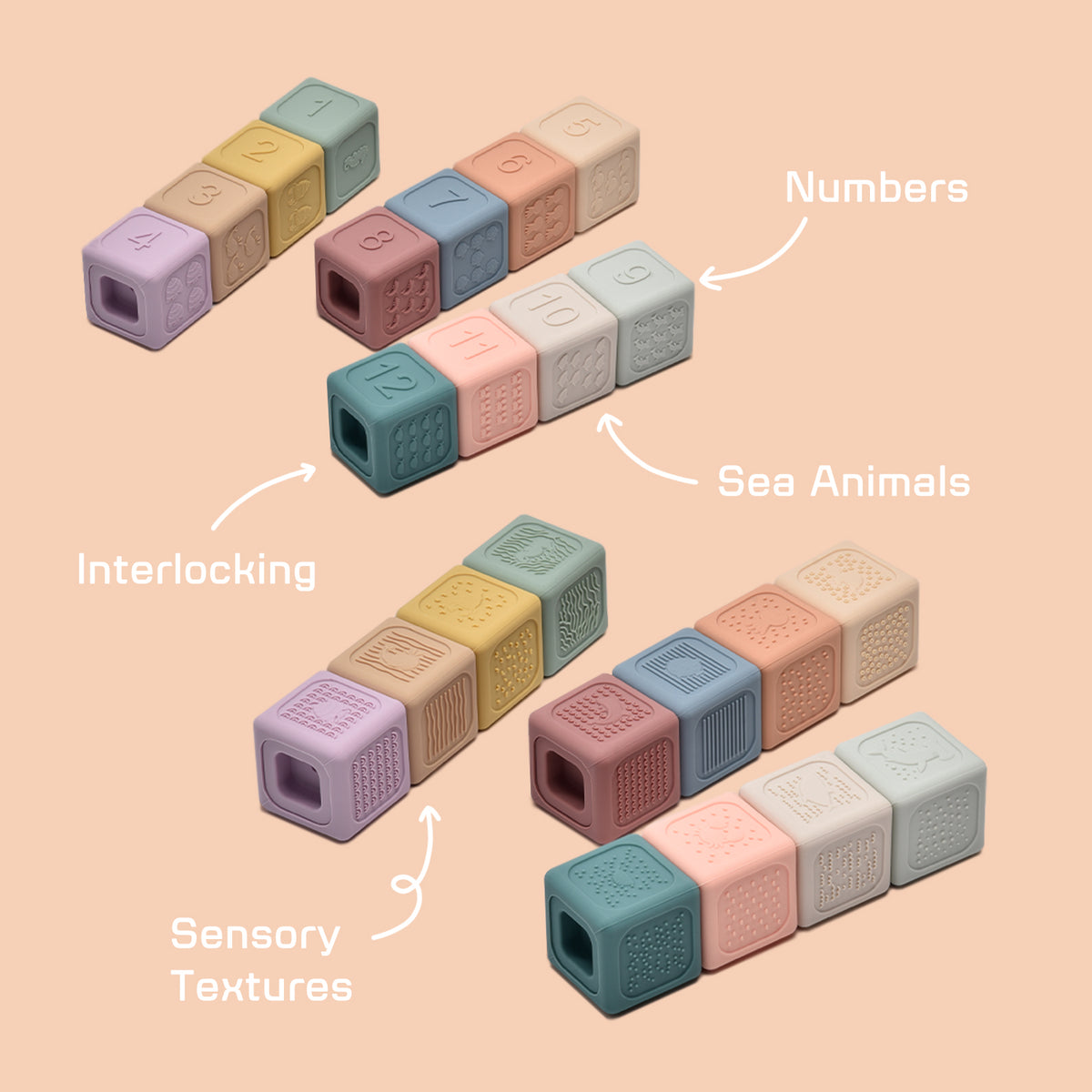 Colorful interlocking blocks with text labels on a beige background