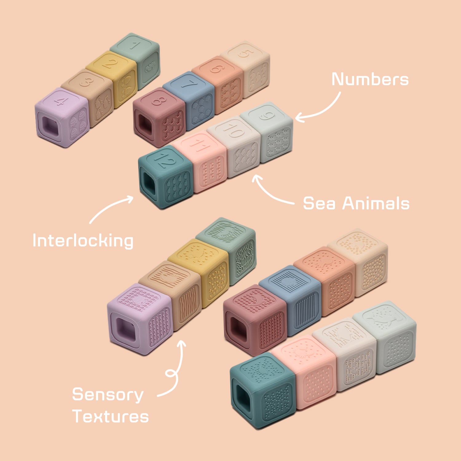Colorful interlocking blocks with text labels on a beige background