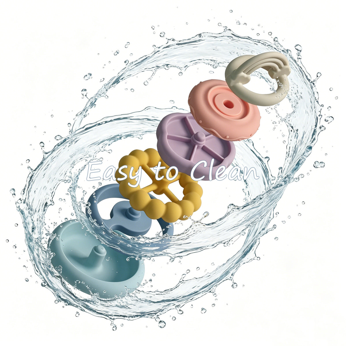 Colorful silicone teething rings with water splashes and 'Easy to Clean' text on a white background 