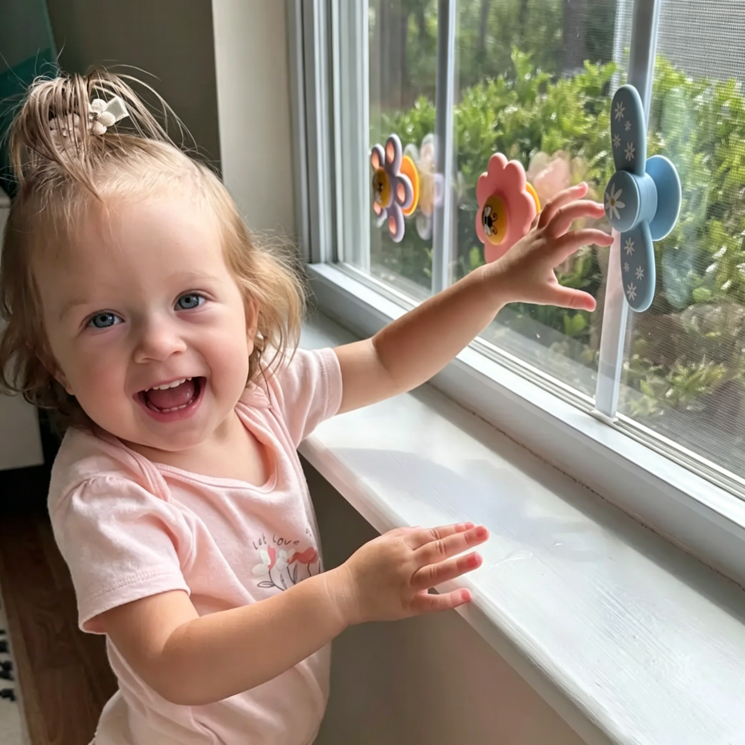 Child by a window with decorative flowers and a view of greenery outside 