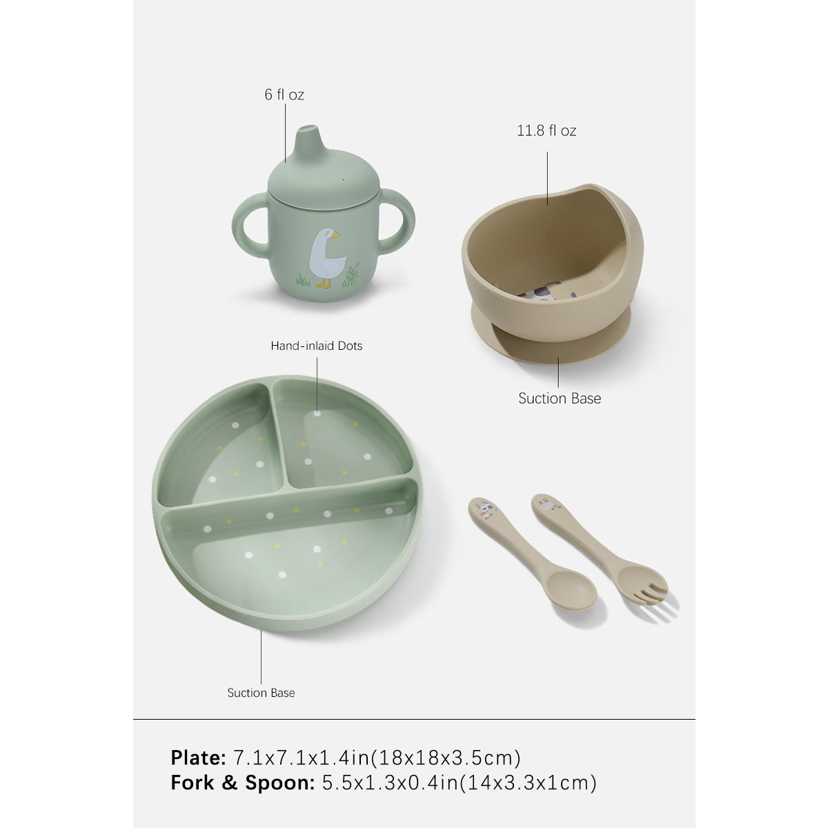 Baby feeding set with a sage green sippy cup, beige suction bowl, divided plate, and matching fork and spoon, shown with size labels and measurements on a light gray background.