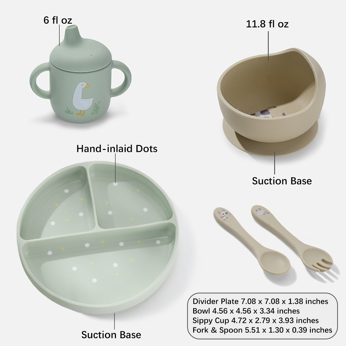 A baby feeding set with a sage green sippy cup, a beige suction bowl, a matching three-compartment divided plate with hand-inlaid dots, and two beige utensils, shown with callout labels and dimensions on a white background.