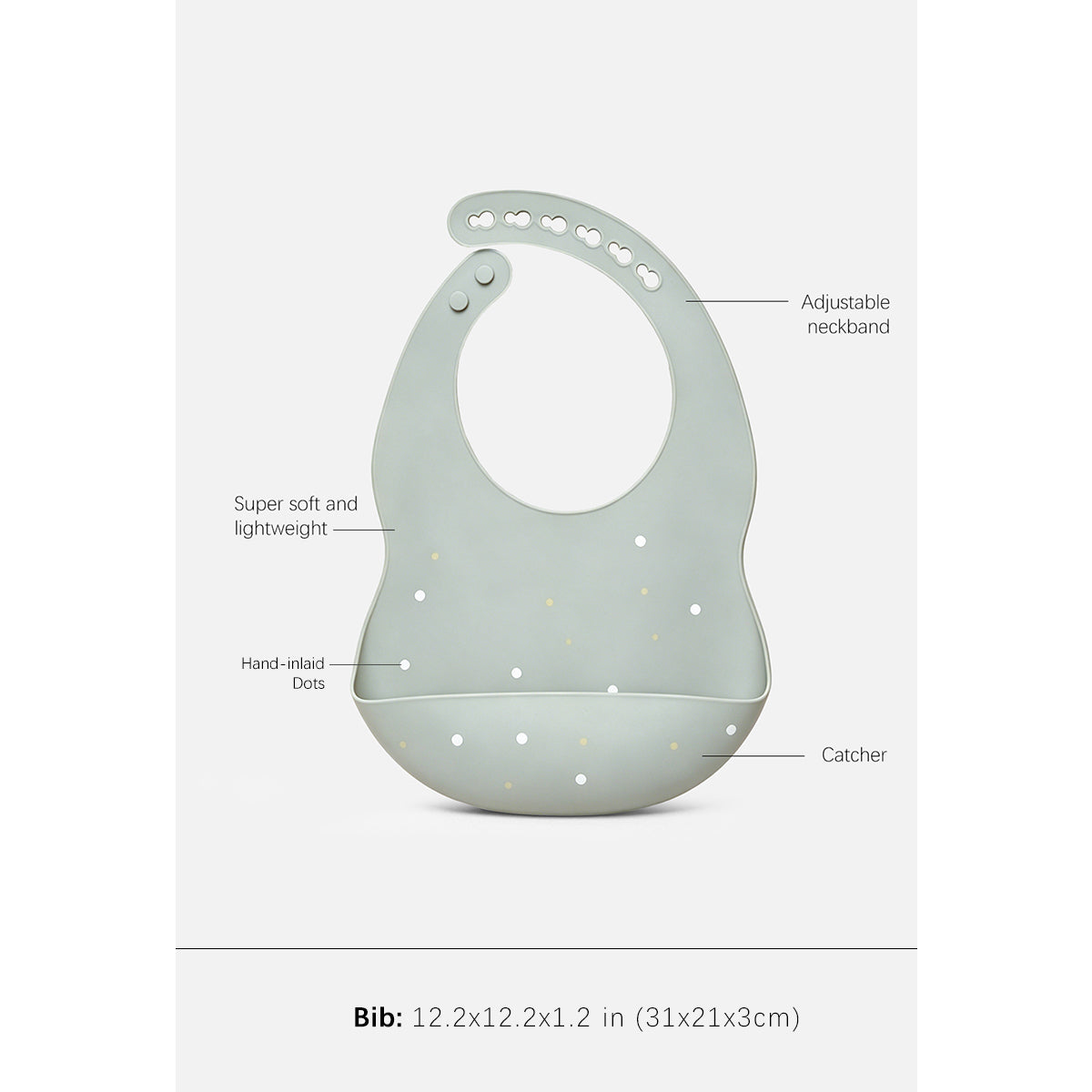 A sage green silicone baby bib with dotted details, shown with callout lines and text labels explaining its features, including adjustable neckband, super soft and lightweight, hand-in-hand design, and catcher. A size text bar is visible at the bottom.