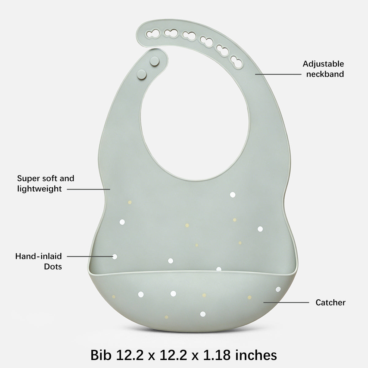 A sage green silicone baby bib with hand-inlaid dots, shown with callout labels pointing to its features, including an adjustable neckband, super soft and lightweight texture, hand-inlaid dots, and a catcher. The text at the bottom reads 'Bib 12.