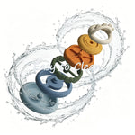 Colorful silicone teething rings with water splash and 'Easy to Clean' text 