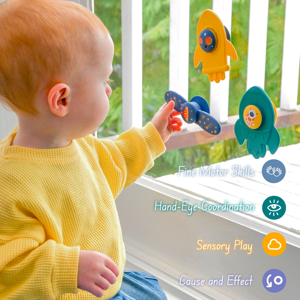 Child playing with educational toys by a window, with text highlighting skills developed. 