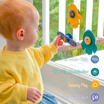 Child playing with educational toys by a window, with text highlighting skills developed. 