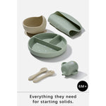A baby feeding set arranged on a light gray background, including a divided plate, silicone bowl cover, suction cup bowl, small cup, and utensils. The set is labeled '6M+' with the text 'Everything they need for starting solids.