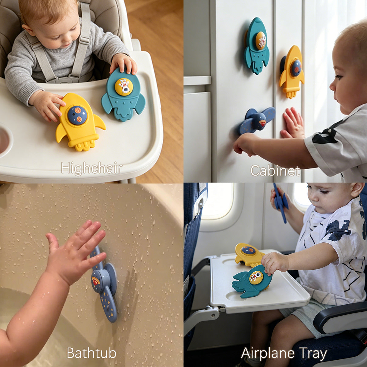 Collage of a child interacting with colorful wall hooks in various settings.  