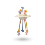 Pastel-colored baby rattle toy on a white background