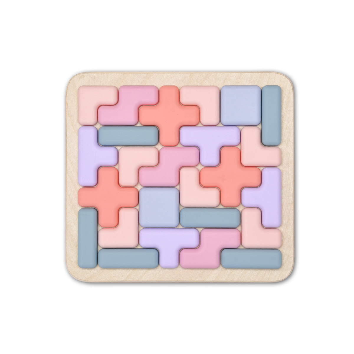 Colorful wooden puzzle on a beige base with pastel shades 