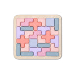 Colorful wooden puzzle on a beige base with pastel shades 