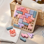 Children's puzzle toy with colorful plastic pieces on a wooden base 