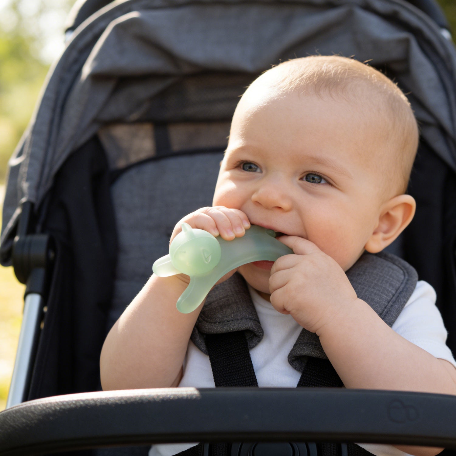 Baby sitting in a stroller with a green teething ring