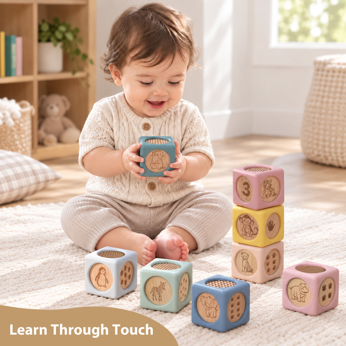 A baby sitting on a cream rug in a bright nursery, holding a blue animal touch block while other pastel animal and number blocks are arranged around them. The scene includes a bookshelf, teddy bear, and basket in the background, with the text 'Learn Through Touch' at the bottom.