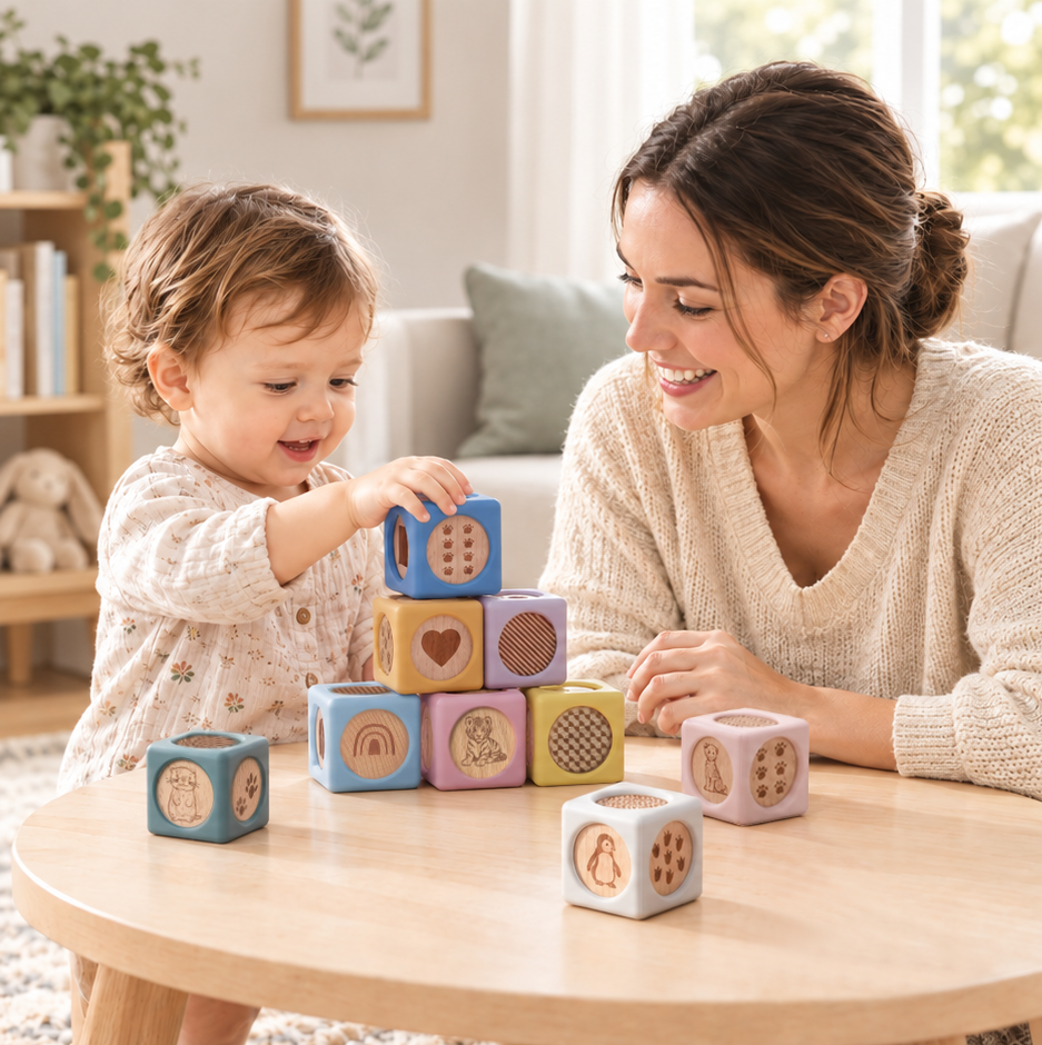 A toddler and a woman sit at a round wooden table in a bright living room, playing with colorful wooden shape and pattern blocks.