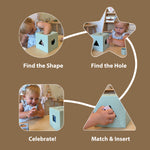 A brown infographic-style product image showing a children's shape-and-hole matching toy with four labeled scenes: 'Find the Shape,' 'Find the Hole,' 'Celebrate!', and 'Match & Insert.' The central product is a pale mint box with different cutout shapes, and the scenes include a child and an adult interacting with it.