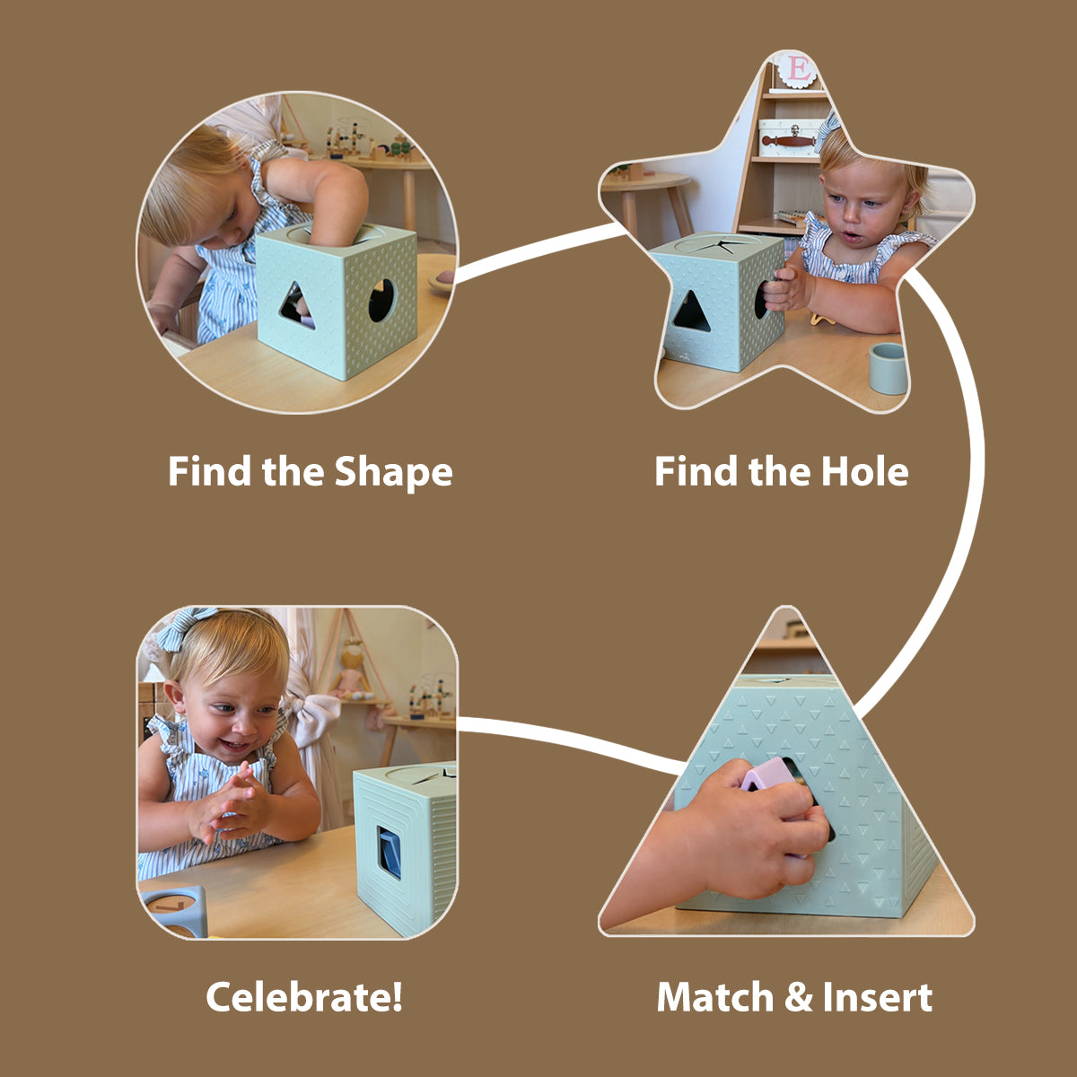 A brown infographic-style product image showing a children's shape-and-hole matching toy with four labeled scenes: 'Find the Shape,' 'Find the Hole,' 'Celebrate!', and 'Match & Insert.' The central product is a pale mint box with different cutout shapes, and the scenes include a child and an adult interacting with it.