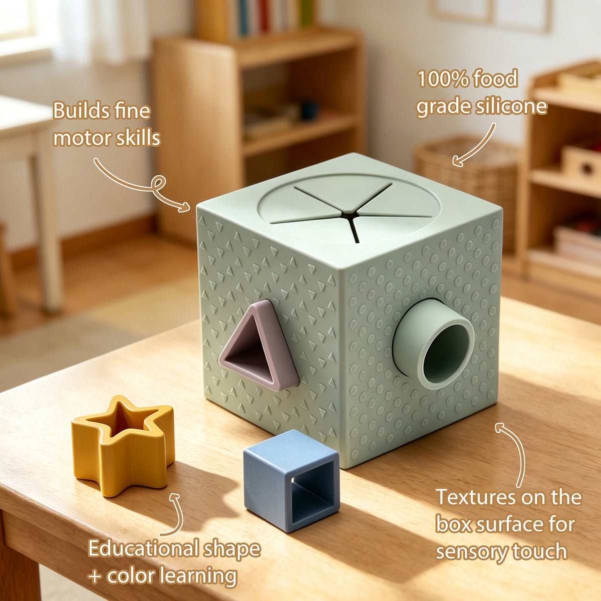 A light sage green textured shape-sorting toy box sits on a wooden table in a softly blurred nursery or playroom setting. The box has multiple geometric openings and is shown with two smaller matching pieces, a yellow star-shaped piece and a blue square piece, with text callouts describing its educational benefits.