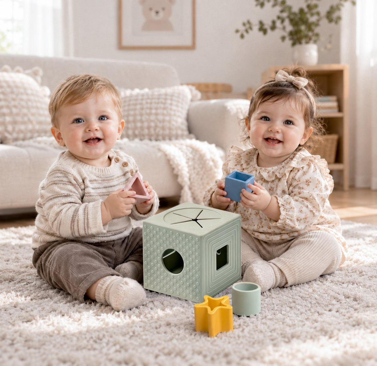 Two toddlers sitting on a white shag rug in a bright living room, playing with a light green geometric wooden toy set that includes a cube, a yellow star, and a small cup.