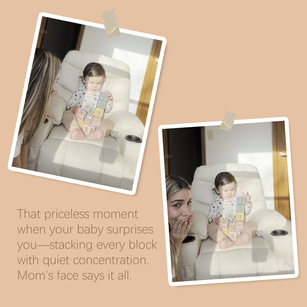 Two photos of a woman and a baby in a high chair with blocks, set against a beige background.