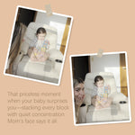 Two photos of a woman and a baby in a high chair with blocks, set against a beige background.