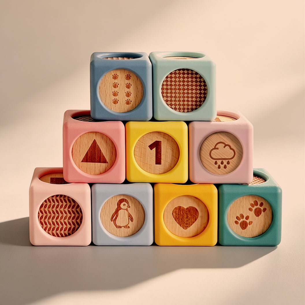 A stack of pastel wooden toy blocks arranged in a pyramid on a warm beige surface. The blocks are light blue, mint green, pink, yellow, and teal, each engraved with different wooden icons including paw prints, a triangle, the number 1, rain drops, a penguin, a heart, and a chevron pattern.