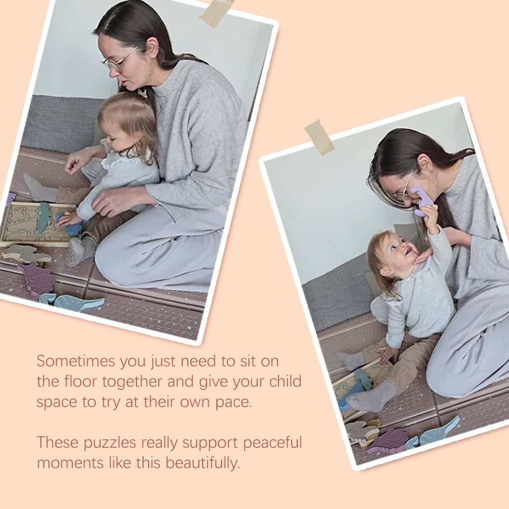 Two photos of a woman and child sitting on the floor with puzzles, accompanied by text.