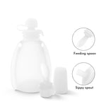 White baby bottle with feeding spoon and sippy spout on a white background 