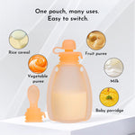 Silicone baby food pouch with various food illustrations and text on a white background