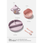 A baby feeding set with a light purple sippy cup, a pink suction bowl, a light purple divided plate, and two pink utensils, shown on a white background with size labels and text at the bottom.