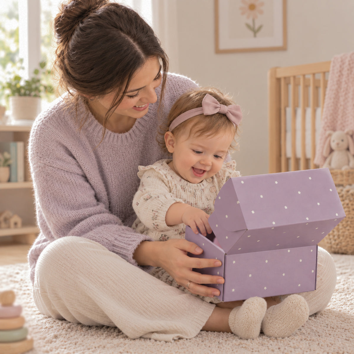 A woman and a baby sit on a carpeted floor in a nursery, smiling as they open a lavender gift box with white polka dots. The woman wears a light purple knit sweater and cream pants, and the baby wears a cream knit outfit and a pink bow headband.