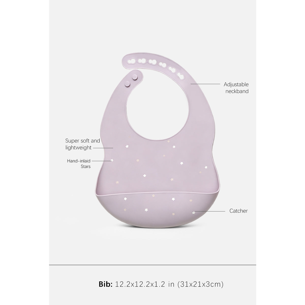 A light purple baby bib with white star details, shown with callout lines and text labels explaining its features, including adjustable neckband, super soft and lightweight, hand-blown stars, and catcher.