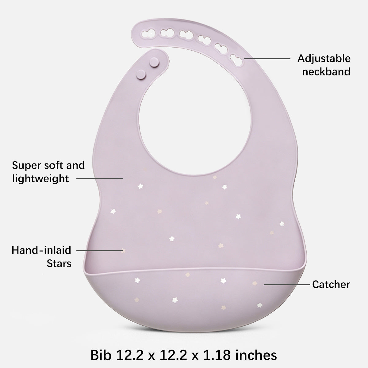 A light lavender silicone baby bib with white star inlays, featuring callout lines and text labels pointing to its adjustable neckband, softness, hand-inlaid stars, and catcher, with a size measurement at the bottom.
