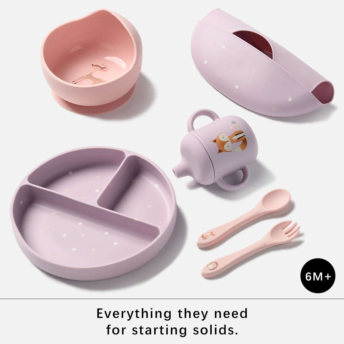 A 6-piece baby feeding set for starting solids, including a pink suction bowl, a lavender divided plate, a small sippy cup, a lid, a spoon, and a fork, arranged on a light gray background with text at the bottom.