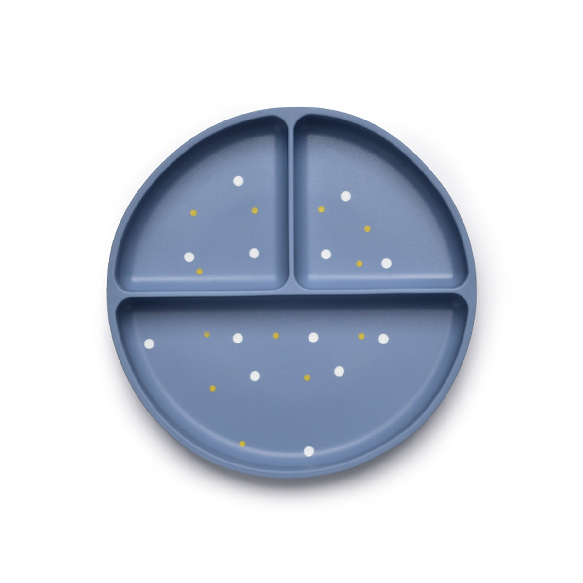 Blue divided plate with white and gold dots on a white background 