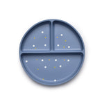 Blue divided plate with white and gold dots on a white background 