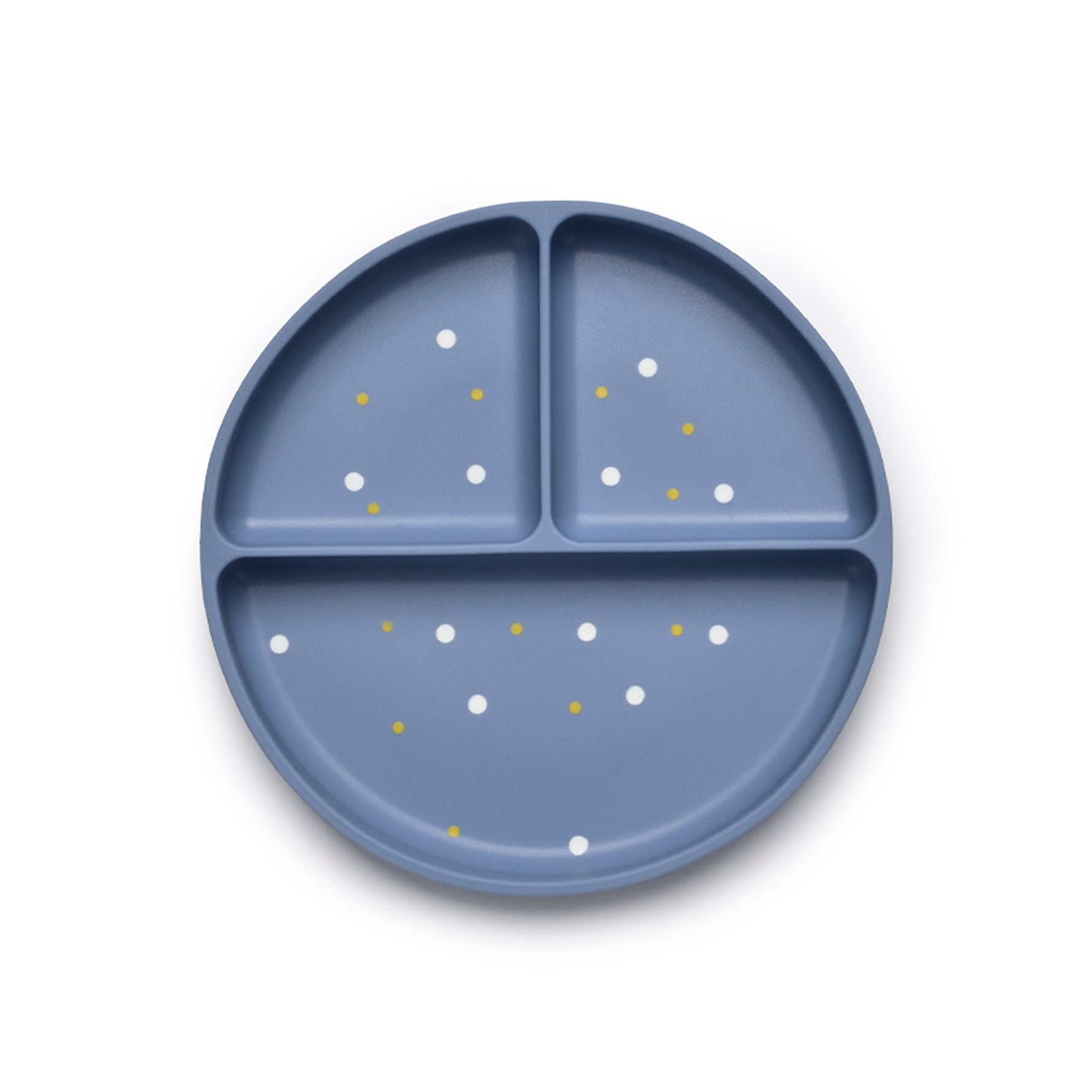 Blue divided plate with white and gold dots on a white background 