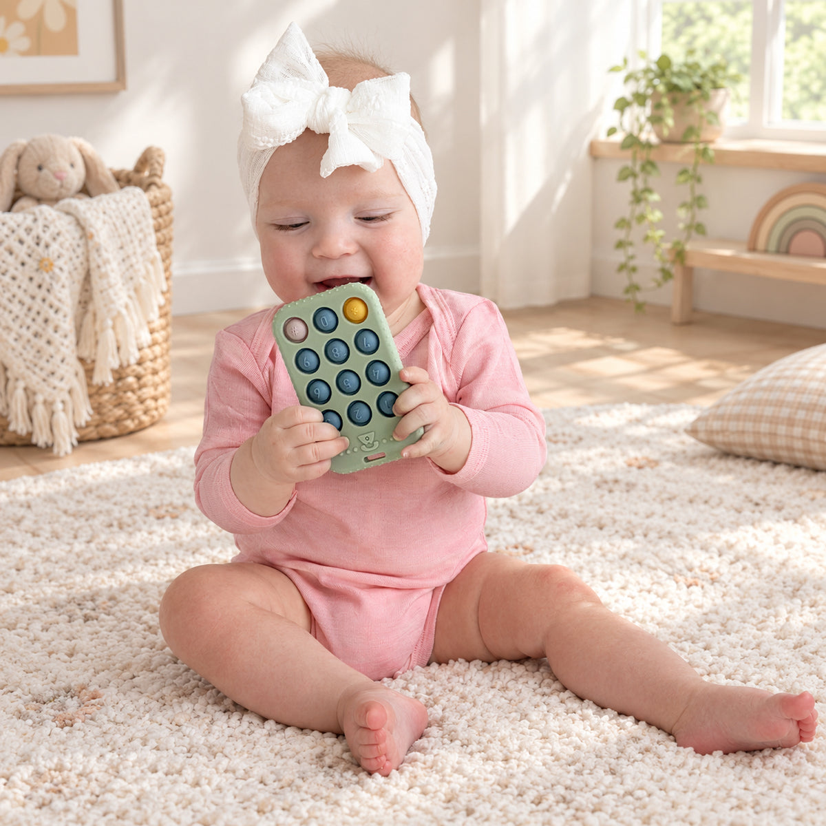 A baby wearing a pink outfit and a large white bow headband sits on a fluffy cream rug, holding and biting a mint green silicone toy with colorful circular buttons. The scene is set in a bright, sunlit nursery with wooden floors, a basket, and a plant in the background.