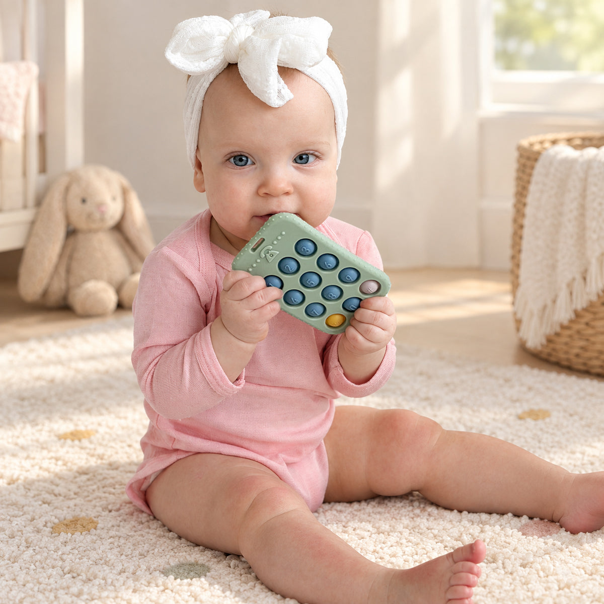 A baby wearing a pink long-sleeve bodysuit and a white bow headband sits on a cream rug, holding a mint green silicone teething toy with blue and yellow buttons. The background shows a softly lit nursery with a stuffed bunny and a woven basket.